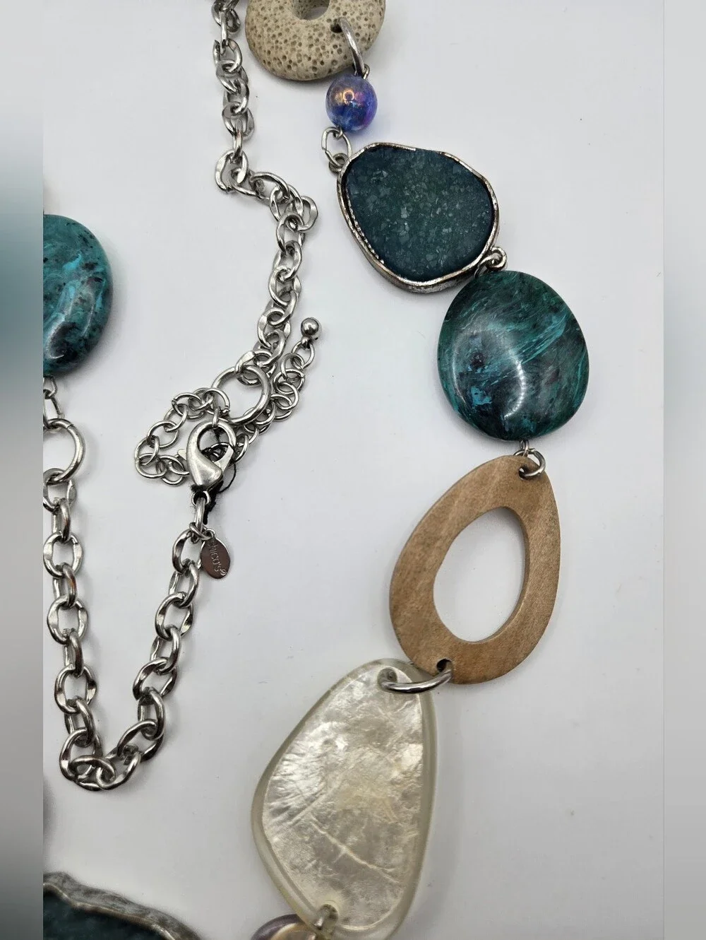 Chico's Teal Wood Silver Mixed Media Necklace Druzy Labradorite Turquoise READ